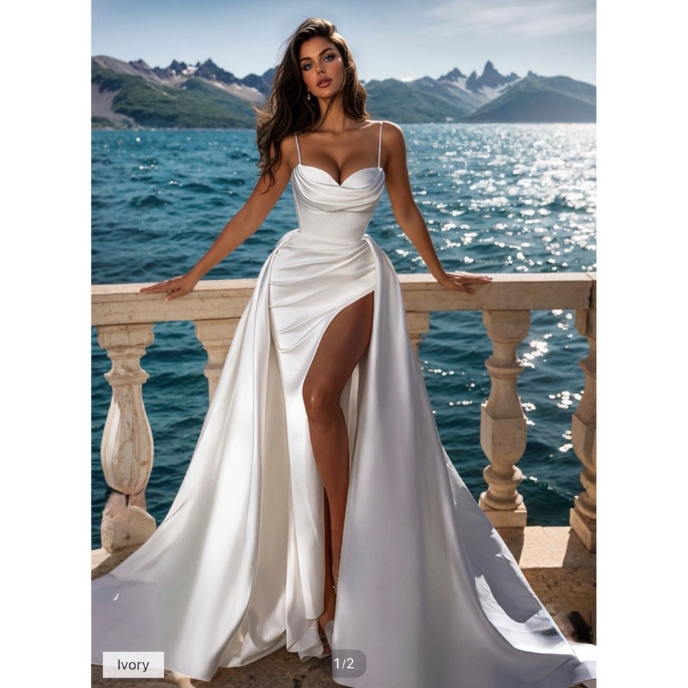 Custom Design White Satin Wedding Dress Size 12 Slit Cowl Neck Corset Train NEW